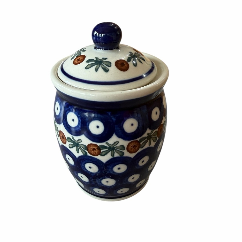 Polish Pottery Mini Ginger Jar Handcrafted Blue Ceramic Jar with Lid Floral 4.5” - Picture 3 of 6